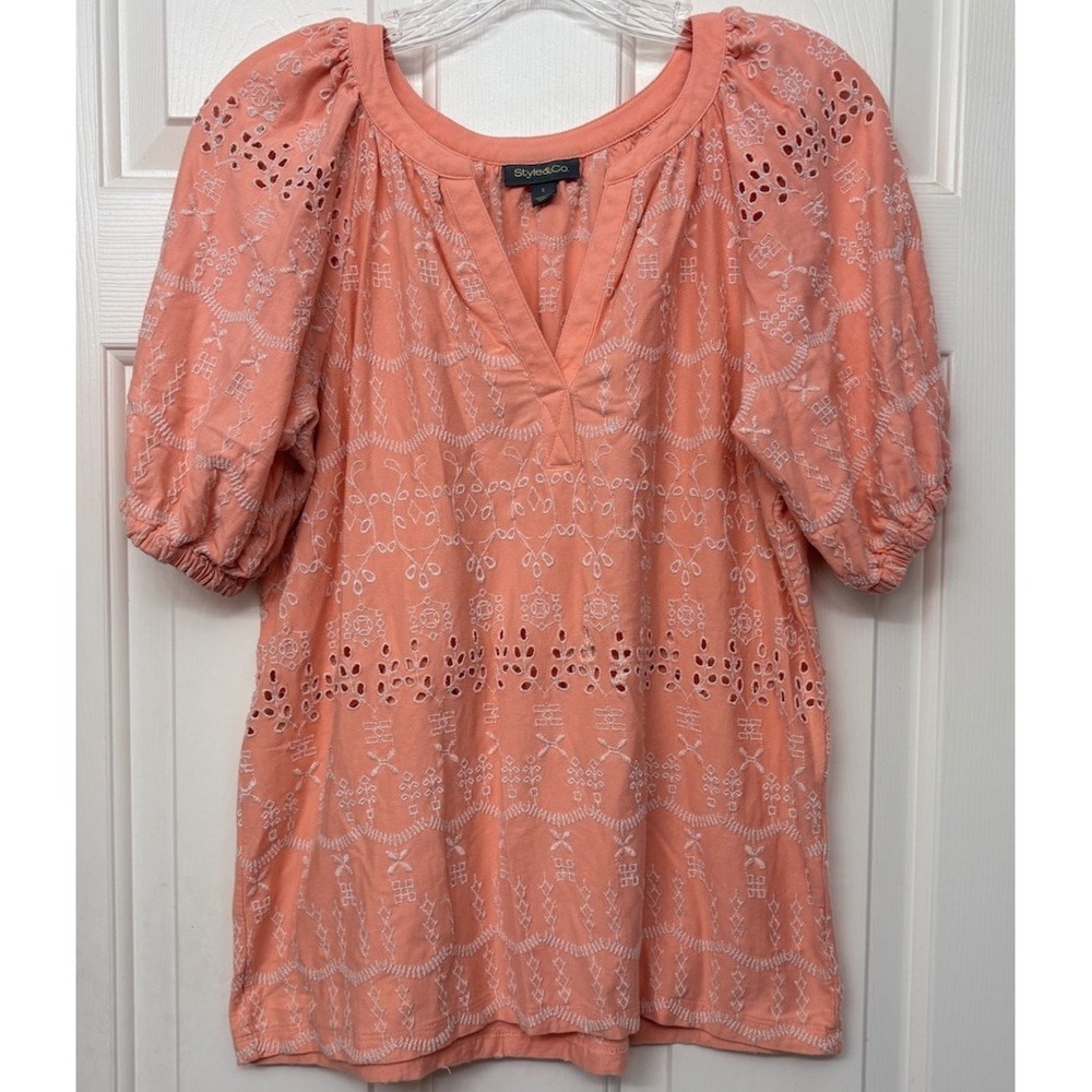 Style & Co Peach Embroidered V-Neck Top S Cotton Modal Eyelet Puff Sleeve Boho